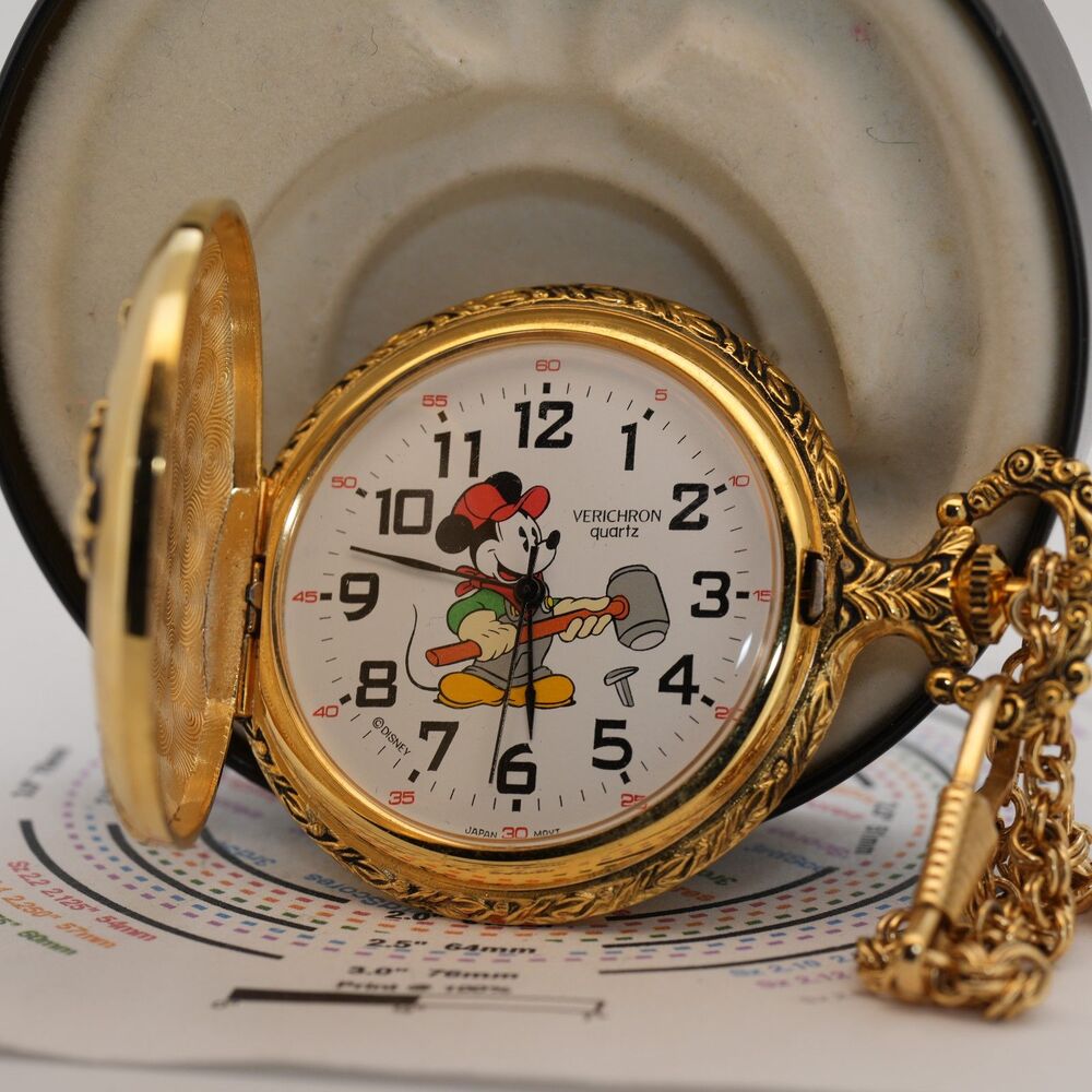 Verichron Disney Mickey Mouse Pocket Watch 47mm Quartz Gold Tone Mallet Mickey